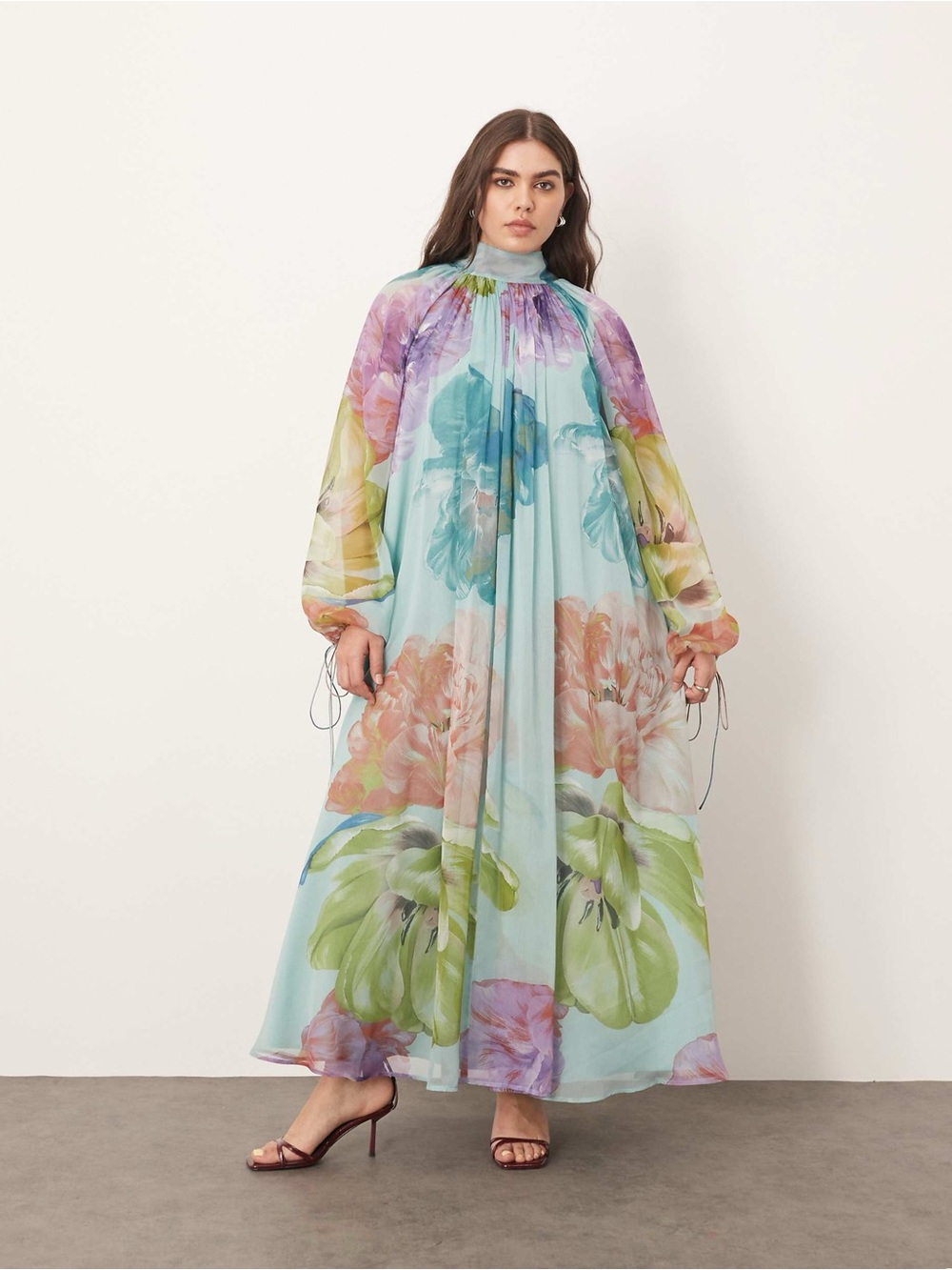 ARRANGE NWT Curve chiffon trapeze maxi dress with balloon sleeves blue floral